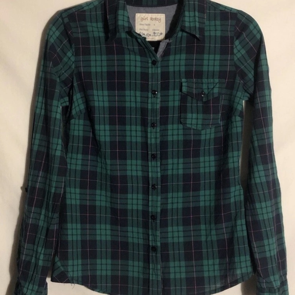 Girl Krazy Kat Womens S Lightweight Green Navy Plaid Button Up Roll Tab Pocket